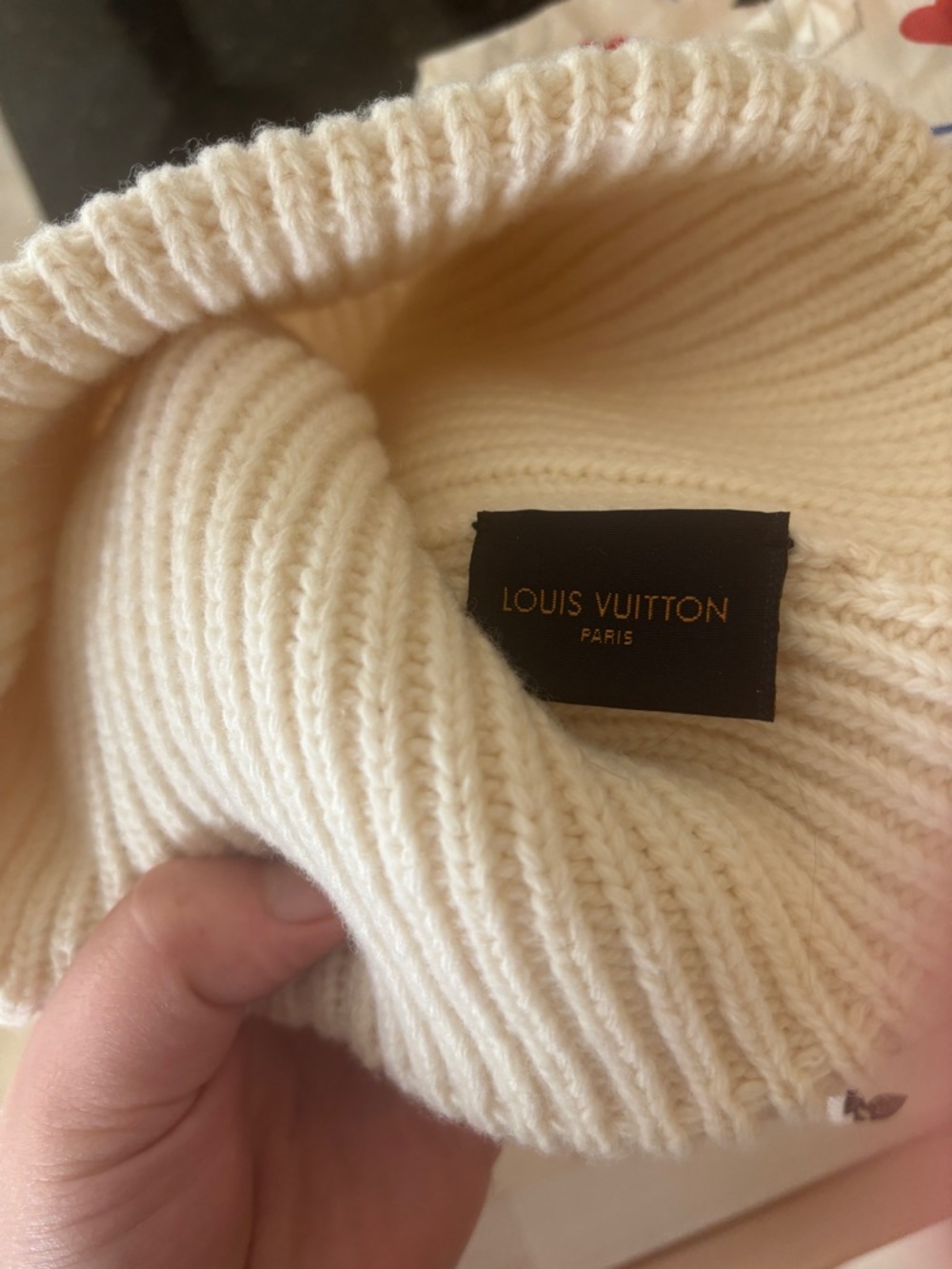 Louis Vuitton Cream Ribbed Wool Beanie with Monogram Patch - Picture 5 of 5